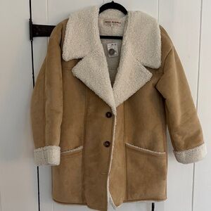 Free People Camel Suede-Look Coat with Cream Sherpa Trim